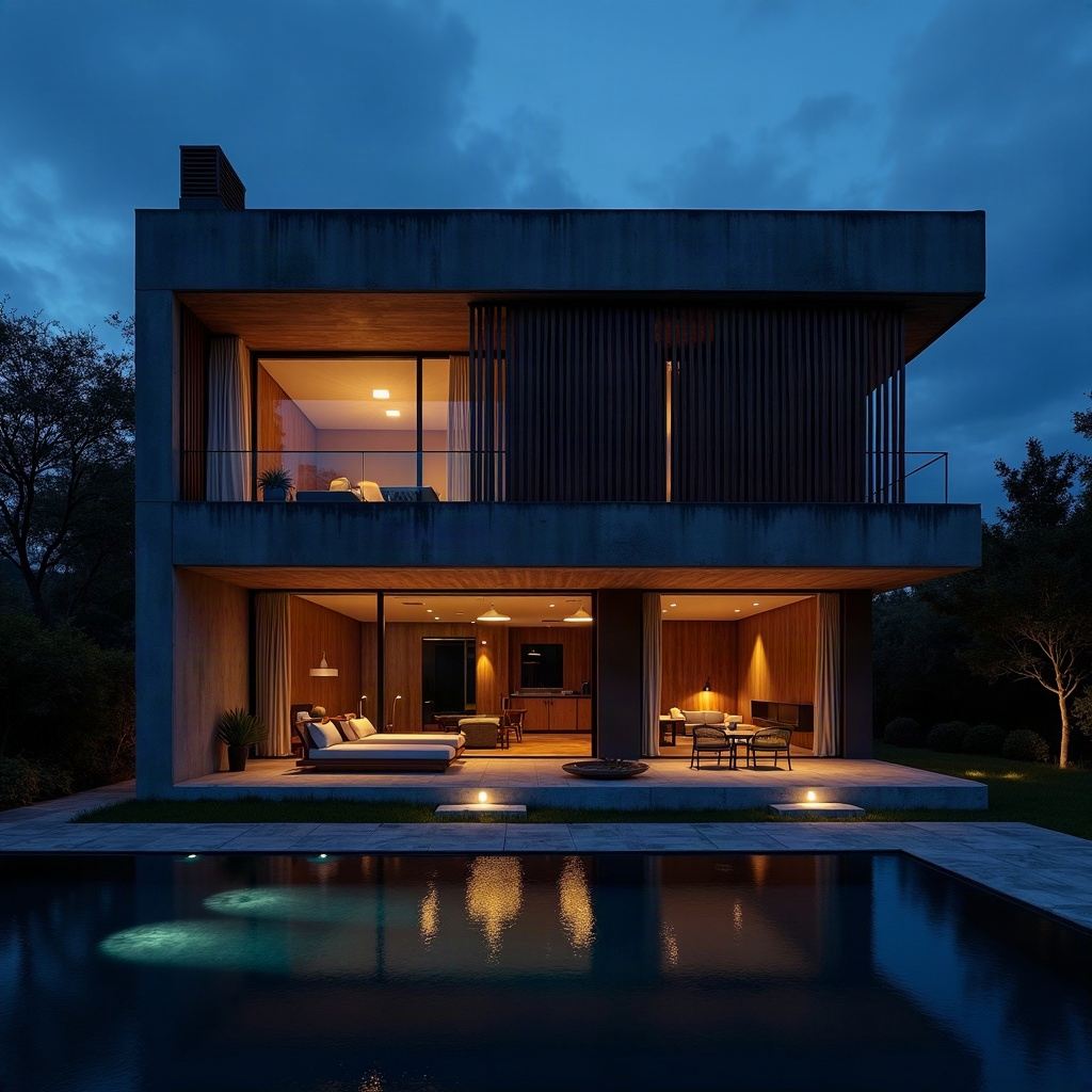 Alacakaranlıkta modern villa dış cephe renderı, ışıkları yanan pencereler ve havuz yansıması