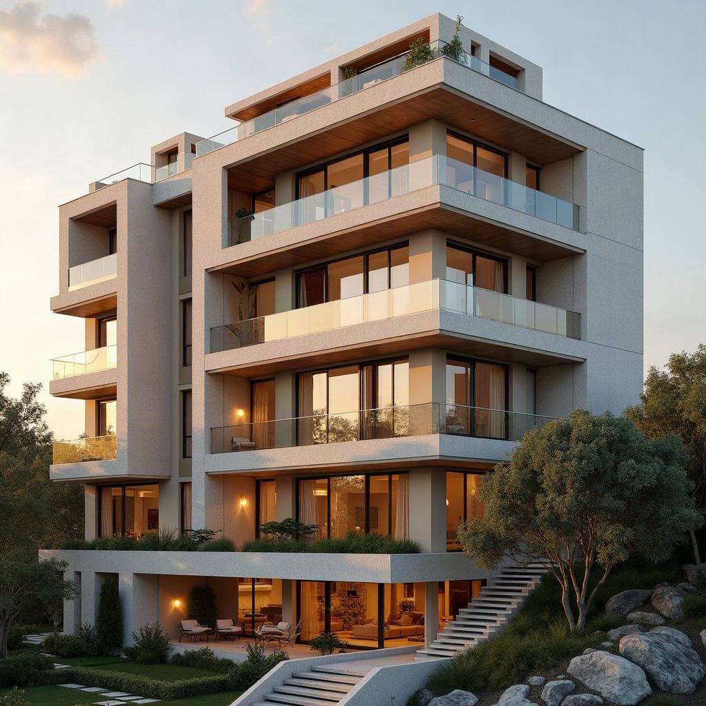 Çok katlı konut projesi dış cephe renderı, balkonlar ve gün batımı ışığı